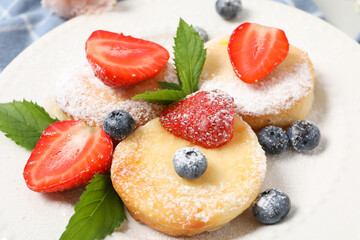 Concept of tasty sweet food, cheese pancakes, close up