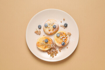 Concept of tasty sweet food, cheese pancakes, top view