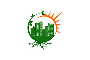 Eco Nature Roots Town city with sunlight or sun or sunrise logo design template element vector