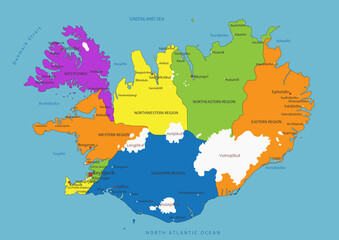 Colorful Iceland political map with clearly labeled, separated layers. Vector illustration.