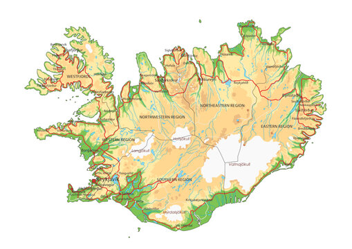 Highly detailed Iceland physical map with labeling.