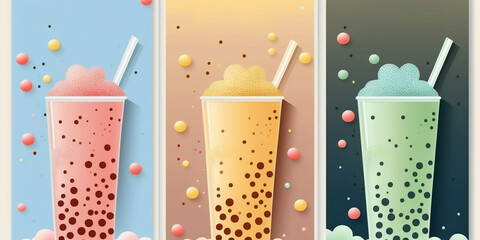 Trio of bubble milk tea in pastel colors, ideal for modern beverage marketing and menu designs.