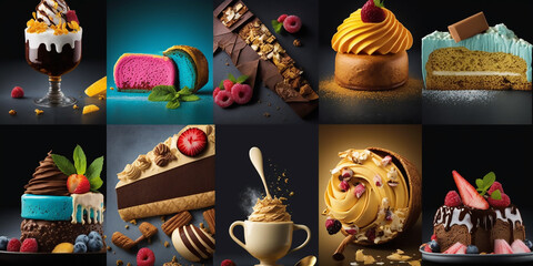 Variety of gourmet desserts with a focus on texture and taste, suitable for high-end patisserie promos.