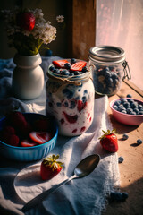 Layered yogurt parfait with strawberries and blueberries in a glass jar, rustic kitchen setting.