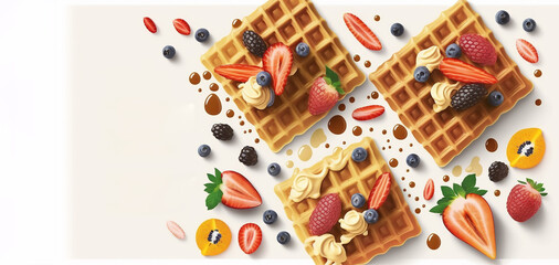 Belgian waffles adorned with fresh fruits, nuts, and a dusting of powdered sugar on a white background.
