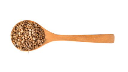Coriander seeds in wood spoon on transparen png.