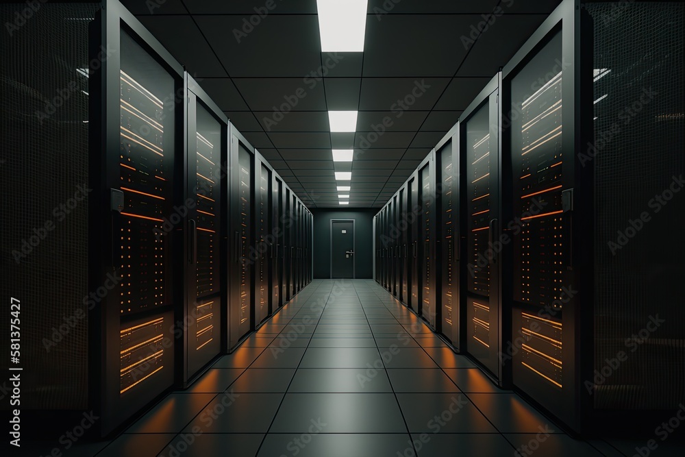 Poster a view of a corridor in a sizable, active data center that is stocked with supercomputers and rack s