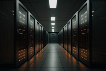 Fototapeta premium A view of a corridor in a sizable, active data center that is stocked with supercomputers and rack servers. Generative AI