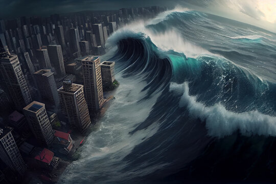 Aerial view of Tsunami with big wave going to hit a big city buildings. Generative AI.