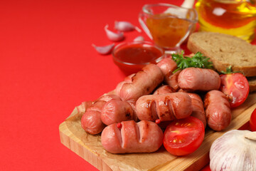 Concept of tasty food, grilled mini sausage, space for text