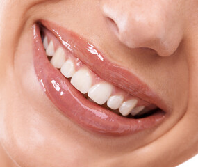 Thats a perfect smile. a womans mouth and teeth.