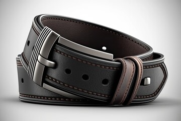 Black leather belt in profile, isolated on white background. Generative AI