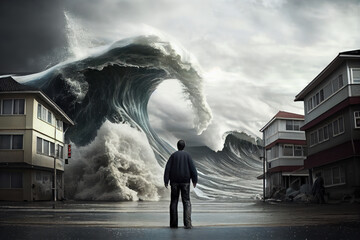 A man is looking at a huge approaching tsunami big wave. Disaster, Severe weather concept. Generative AI. - obrazy, fototapety, plakaty