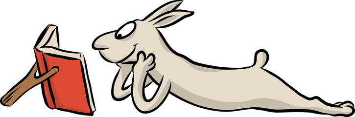 Niedlicher, weißer Hase liest liegend eine Geschichte in einem Buch für mehr Wissen und Bildung