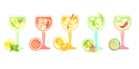 Alcoholic drinks set. Gin tonic with citrus fruits and ice cubes and different ingredients. Vector flat illustration with texture and gradient. Bright illustrations of alcoholic drinks