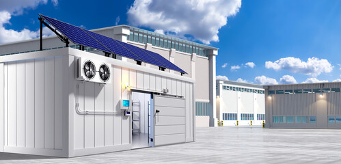 Production refrigerator with solar battery. Energy efficient refrigerator container. External refrigerator chamber near production hangar. Open production refrigerator on sunny day. 3d image.