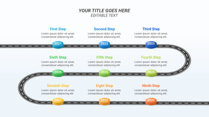 Road Timeline Infographic Presentation Template on a 16:9 Ratio with Nine Options or Steps for Business Presentations, Company Milestone, Finance Reports, and Web Design.