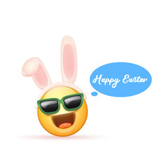 Happy easter funny banner with cartoon 3d smile face with rabbit ears and sunglasses isolated on white background. Vector 3d square happy eater poster, flyer, banner, label and background