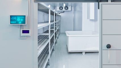 Freezing chamber at enterprise. Storage room with minus temperature. Freezing chamber at pharmacological factory. Entrance to large refrigerator. Freezing chamber with racks along wall. 3d image - obrazy, fototapety, plakaty