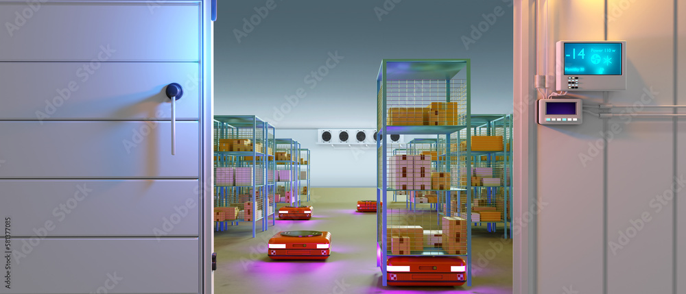 Poster interior of autonomous warehouse. territory of automated plant. factory warehouse with robots. auton