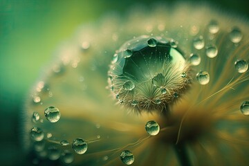 macro abstract photography Water Drops with a Dandelion. Green and artistic landscape background. Flowers in soft colors. Artistic Closeup Photographs that are Calm. A wallpaper design. Fantasy Floral