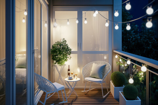 Modern interior design of balcony with white furniture. Super photo realistic background, generative ai illustration