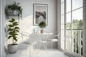 Fototapeta na wymiar Modern interior design of balcony with white furniture. Super photo realistic background, generative ai illustration