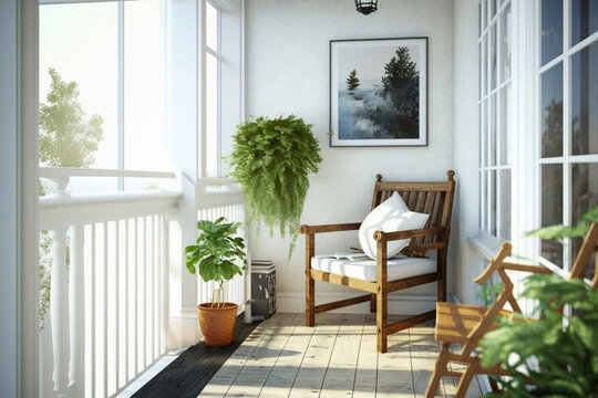 Modern interior design of balcony with white furniture. Super photo realistic background, generative ai illustration