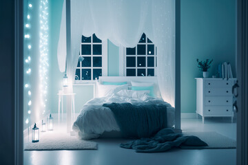  Modern interior design of clean minimalistic bedroom in the night. Super photo realistic background, generative ai illustration