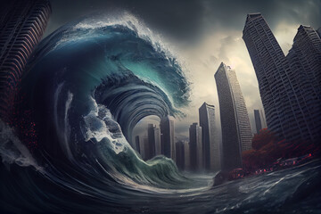 Tsunami with big wave going to hit a big city buildings. Generative AI.