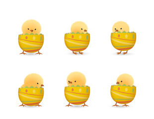 Chicks in lower part of broken Easter eggs with lines set