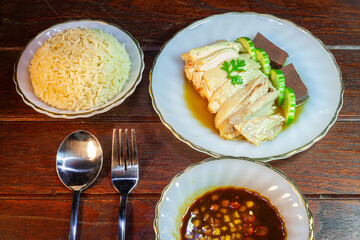 Chicken Rice with Spicy Sauce.