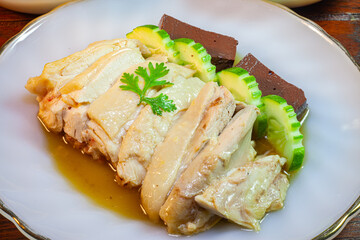 Chicken Rice with Spicy Sauce.