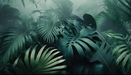 an abstract of large green leaves in a misty jungle