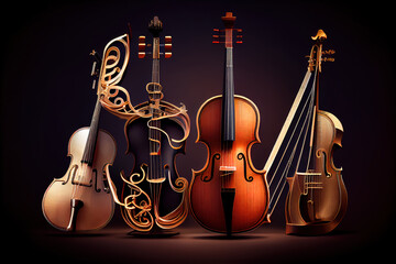 classical guitar, violin, clarinet and trumpet in vintage background. Generative Ai