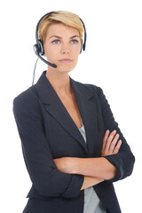 Shes on standby. An attractive young call center representative standing with her arms folded.