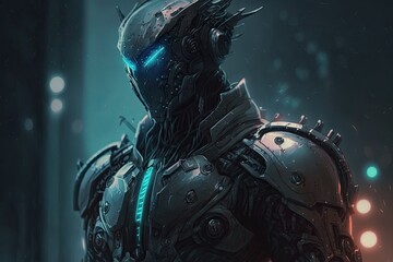 Naklejka premium A realistic image of a cybersuit clad sci fi warrior. futuristic, high tech man from the future. the ideas of cyberpunk and virtual reality. . Illustration. Generative AI