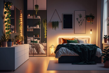 Modern interior design of clean minimalistic bedroom in the night. Super photo realistic background, generative ai illustration