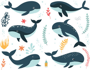 set of blue whale character, cartoon in flat style vector