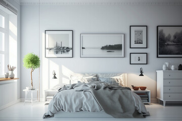Modern interior design of bedroom. Minimalistic clean room with white furniture. Super photo realistic background, generative ai illustration