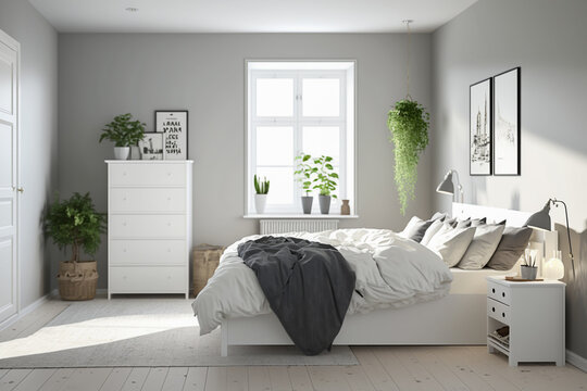 Modern interior design of bedroom. Minimalistic clean room with white furniture. Super photo realistic background, generative ai illustration