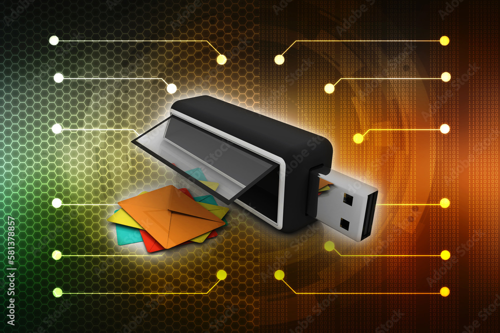 Poster 3d rendering envelope network with pen drive