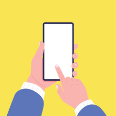 Man holds the smartphone with an empty screen on yellow background. Vector illustration.