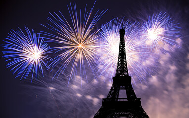 Celebratory colorful fireworks over the Eiffel Tower in Paris, France