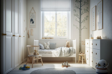 Modern interior of childrens room with white furniture. Super photo realistic background. Generative AI illustration