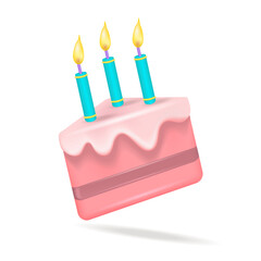 
3D vector icon, a piece of birthday cake with candles and decorations.
 Festive food. Pastel color, cartoon icon of creative design on an isolated white background.