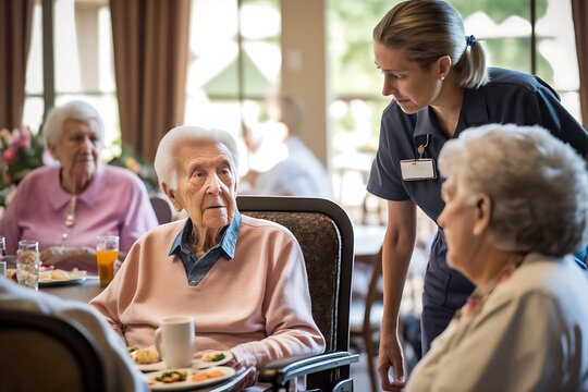 Generative ai illustration of Caucasian caregivers taking care seniors elderly in home care center