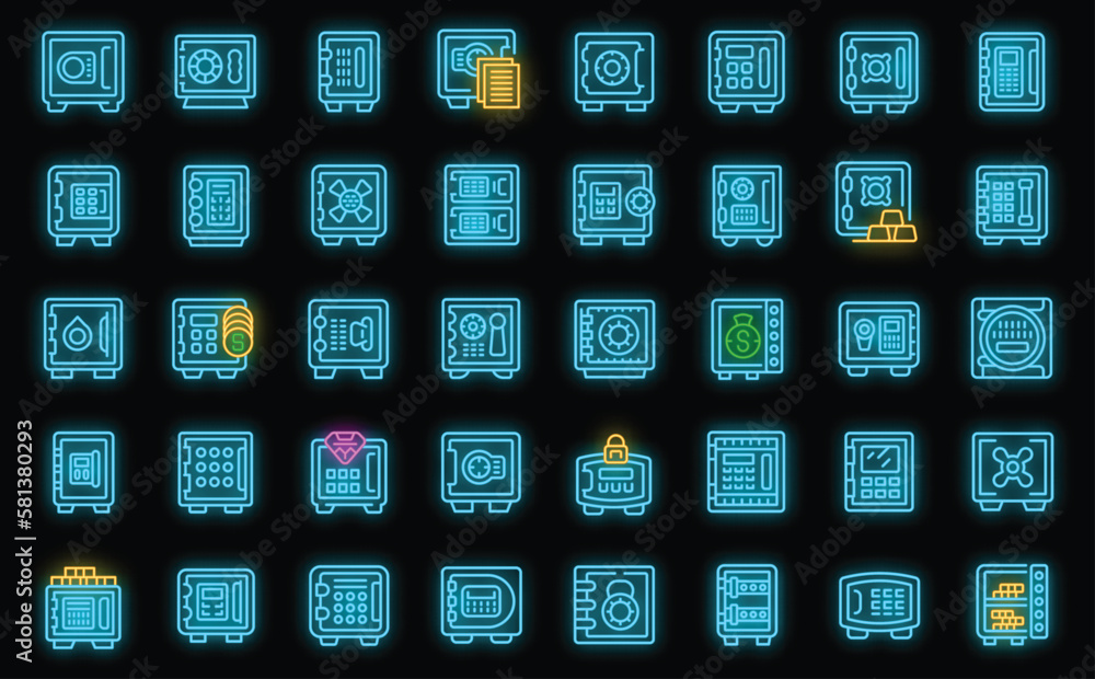 Poster deposit box icons set outline vector. safe bank. closed code neon color on black isolated