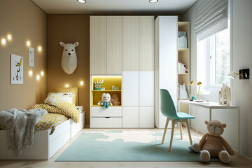 Modern interior of childrens room with white furniture. Super photo realistic background. Generative AI illustration