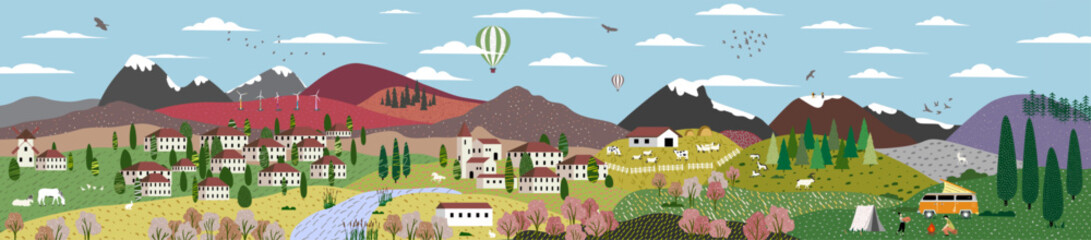 Nature and landscape. Panorama of beautiful countryside. Vector illustration of mountains, Trees, plants, fields and farms. Editable work for cover or card designs.